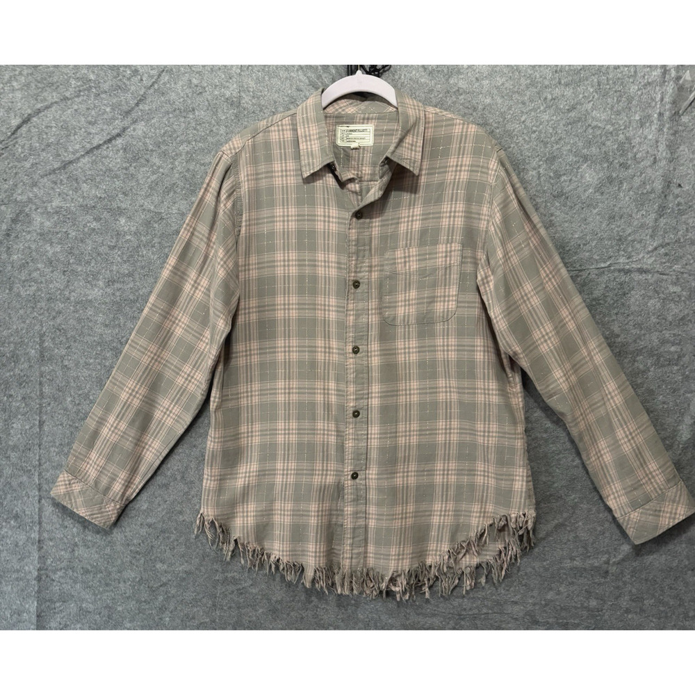 Current Elliot Prep School Plaid Revival‎ Shirt Womens Sz L Gray Pink Raw Hem